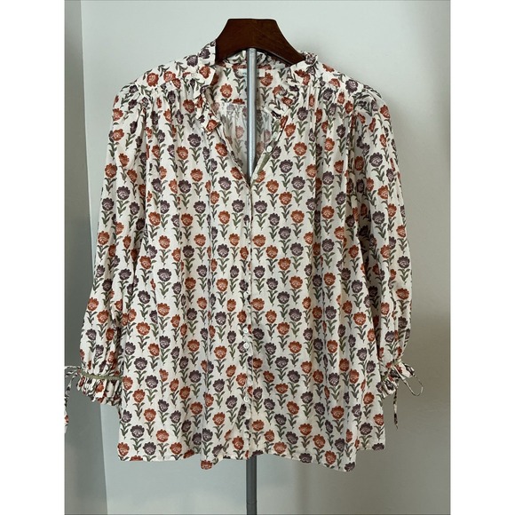 Sundance Tops - Sundance Womens Boxy 3/4 Sleeve Cotton Top Ivory Multi Floral‎ Sz Large